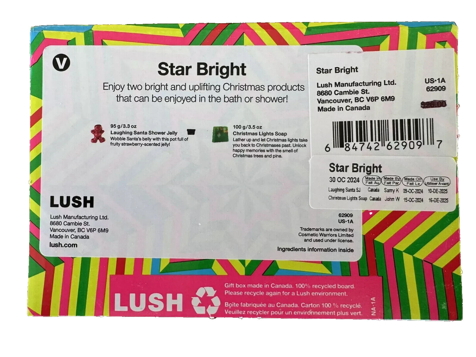 LUSH Cosmetics Star Bright EMPTY Box Laughing Santa Jelly Christmas Lights Soap