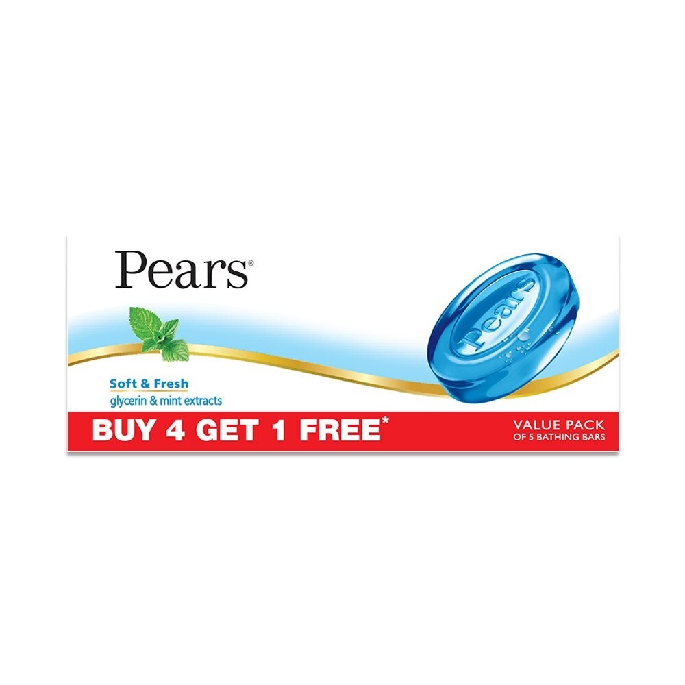 Pears Soft and Fresh Bathing Bar Glycerin and Mint Extracts 125g Pack of 4 + 1