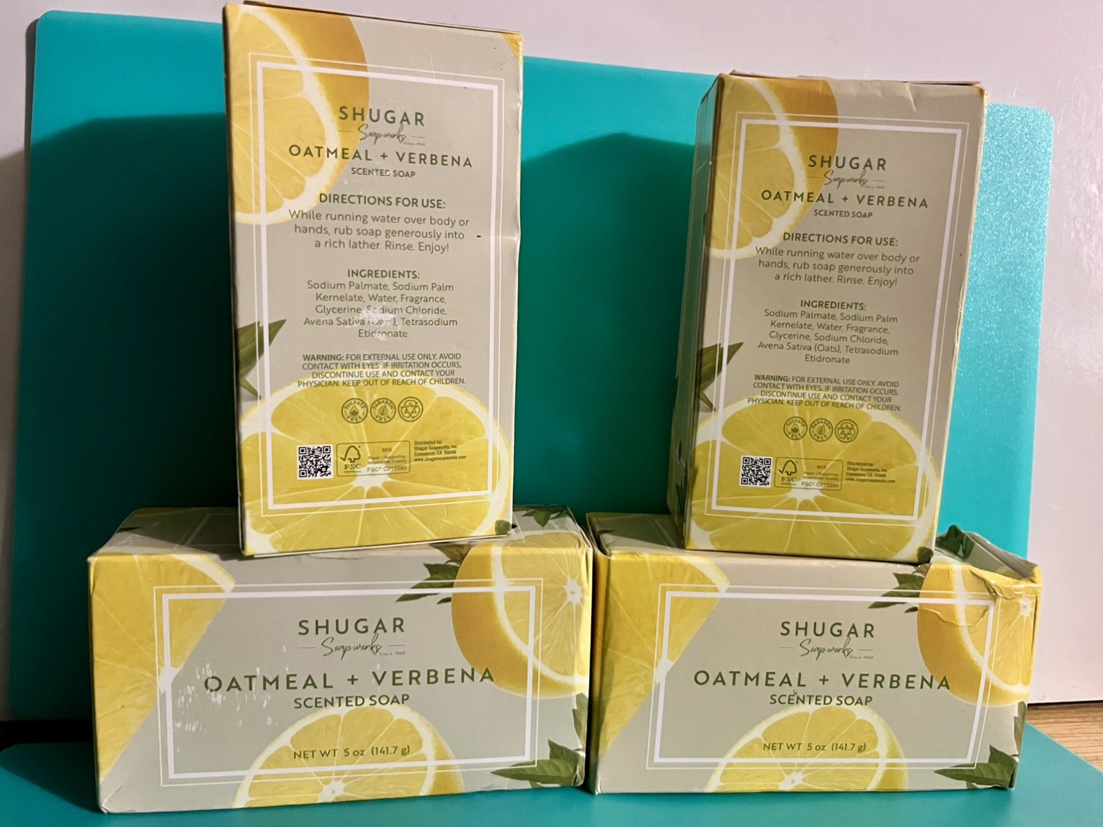 4 Pks Shugar Soapworks Oatmeal & Lemon Verbena Jumbo Bar Soap VEGAN 5 OZ