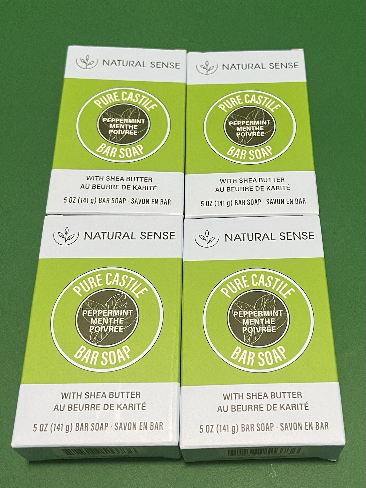 FOUR 5oz NATURAL SENSE Pure Castile Peppermint Bar Soap w Shea. Plant Based