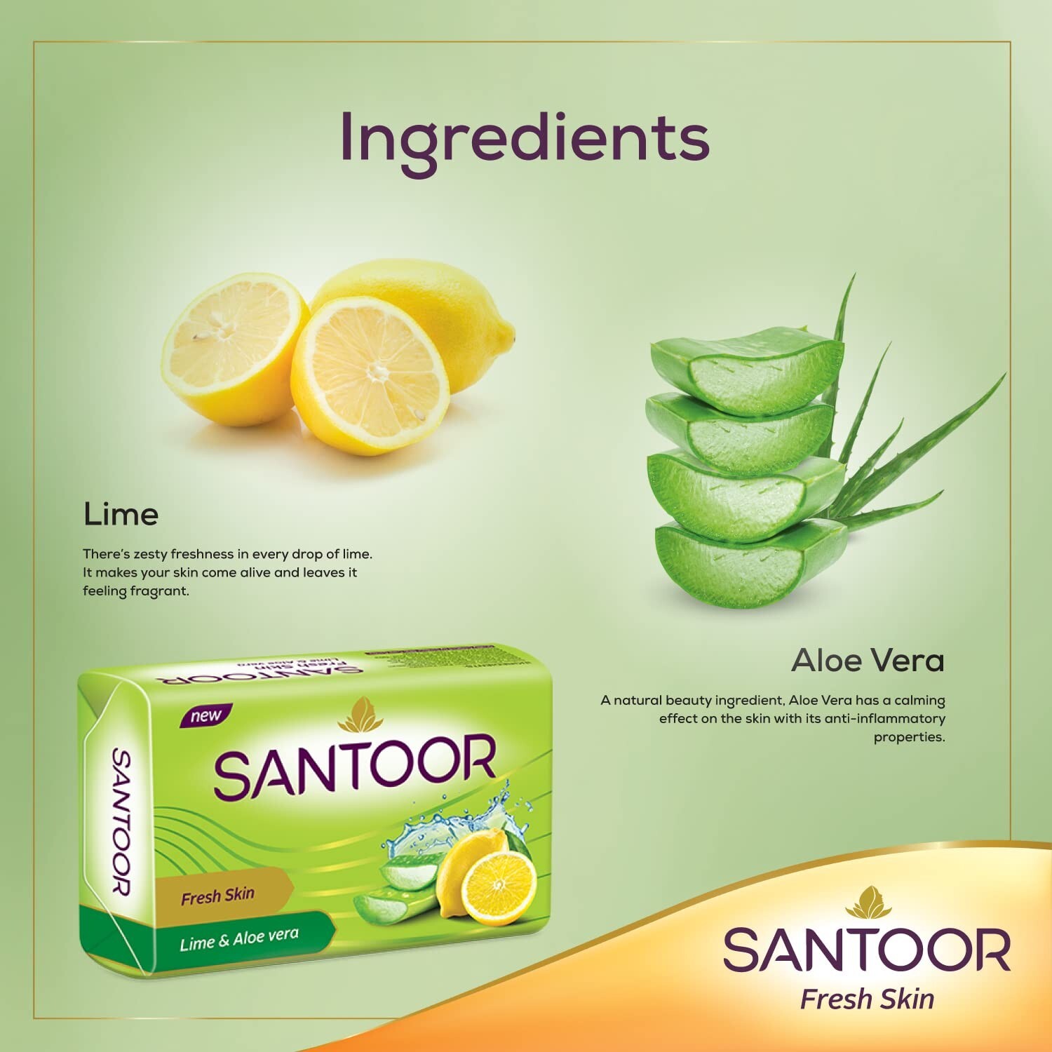 Santoor Aloe Fresh Soap, 125g (Pack of 6) with Aloe Vera and Lime