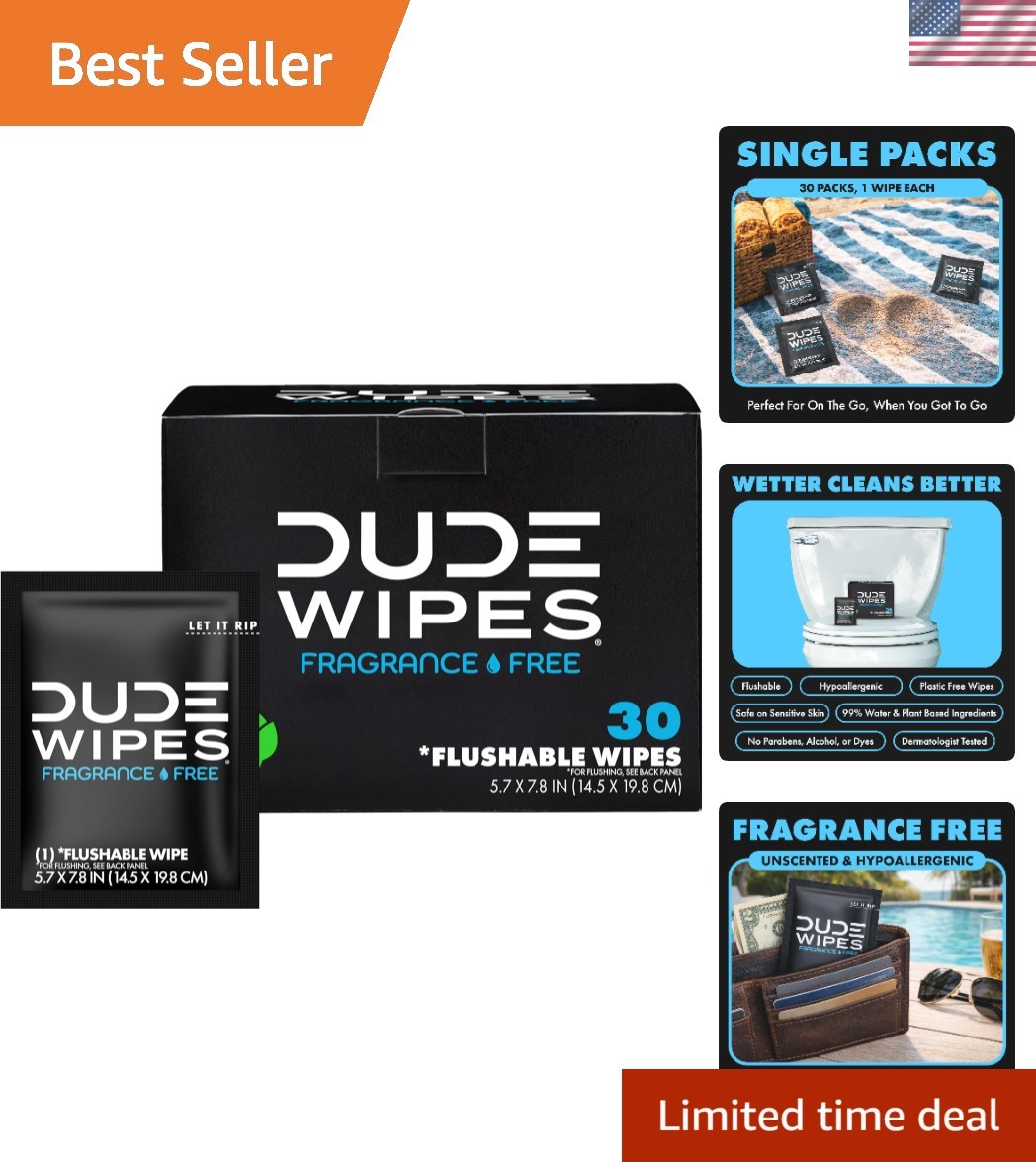 Travel-Friendly Flushable Wipes – 30 Extra-Large, Unscented, Hypoallergenic