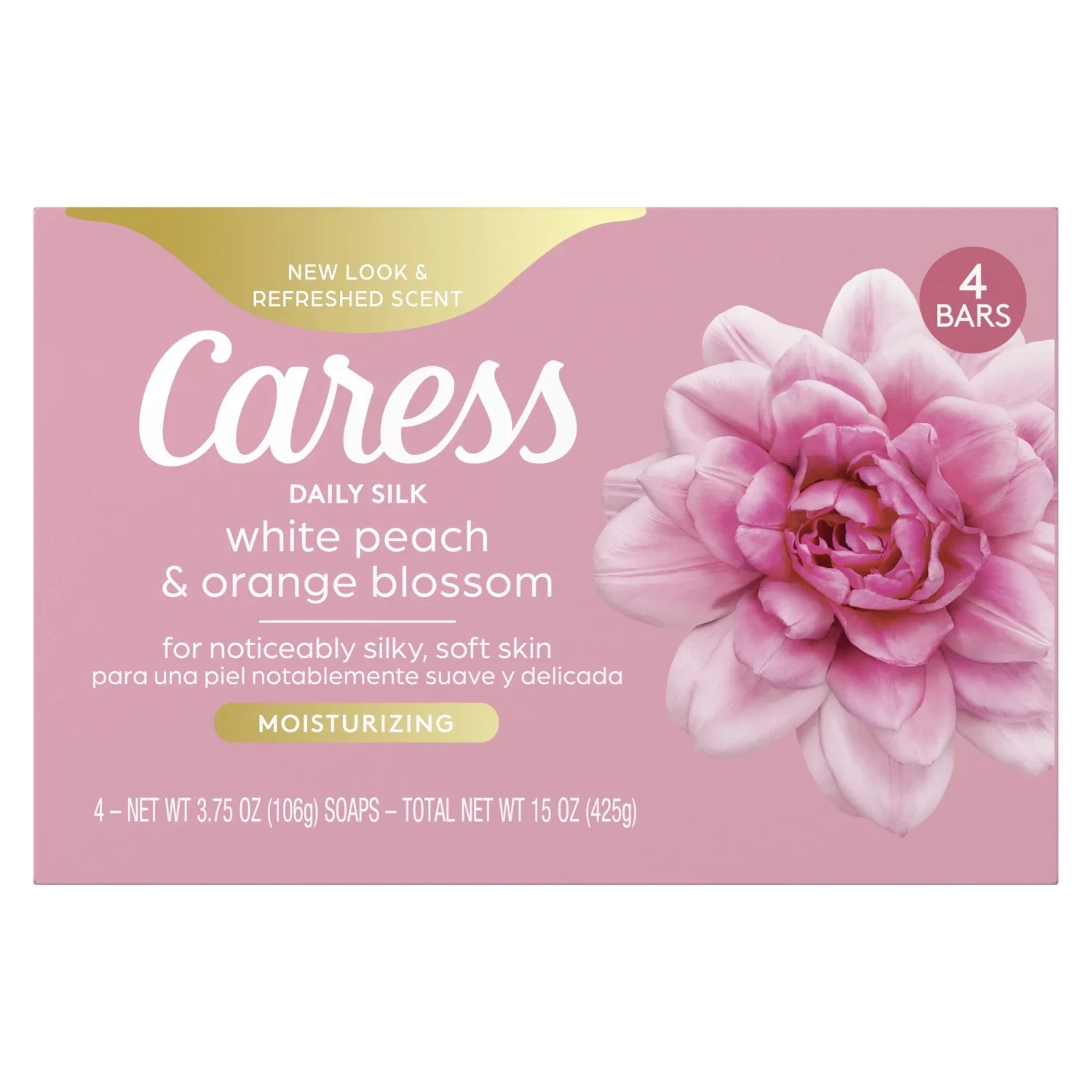 Caress Bar Soap Daily Silk White Peach & Orange Blossom 4 Bars 3.75 oz