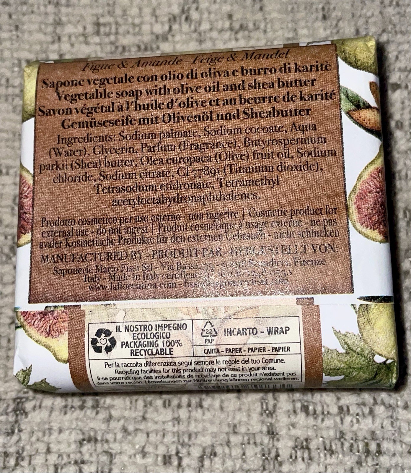La Florentina Italian Luxury Bar Soap Fig & Almond. New!! Rare