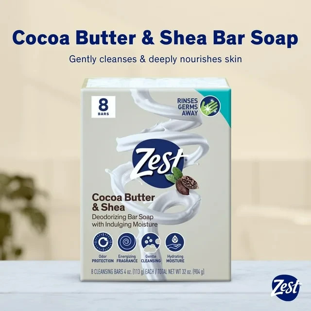 Zest Cocoa Butter & Shea Bar Soap, for All Skin Types, 4 oz, 8 Bars