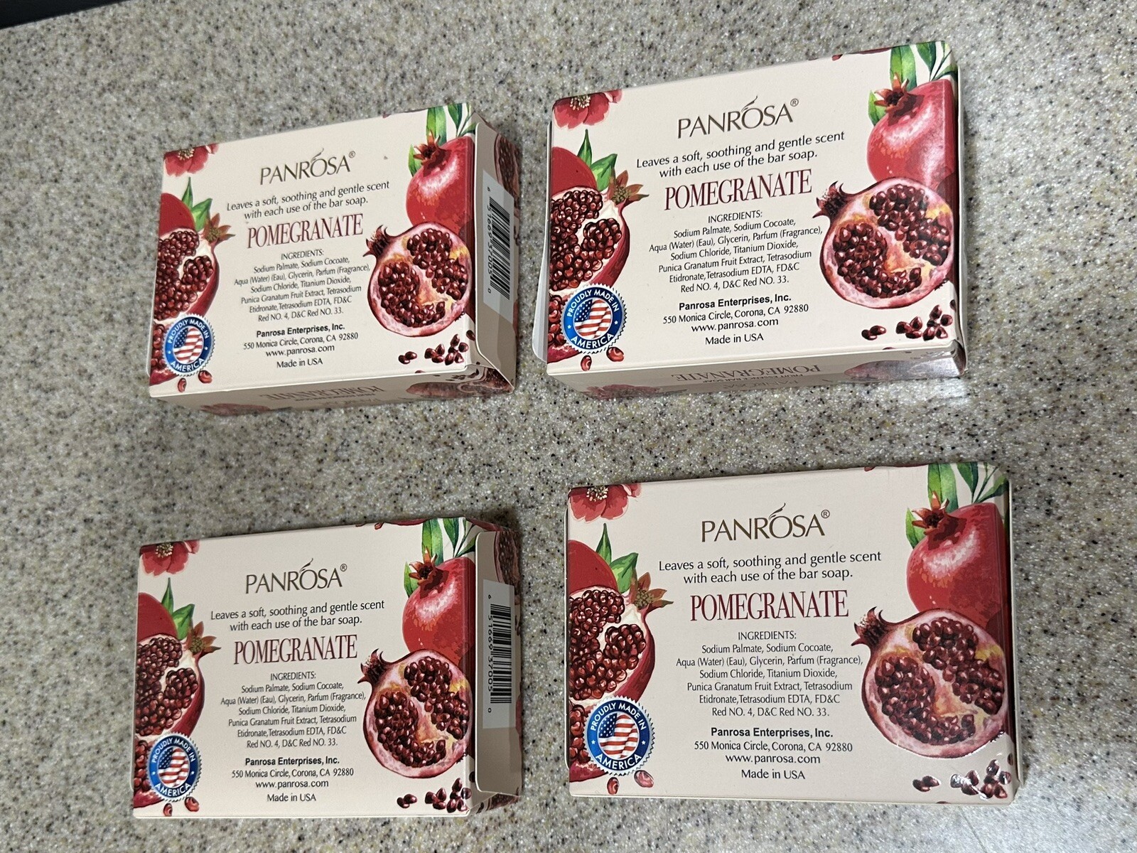 4 New PANROSA Fruit Essence Bar Soaps, POMEGRANATE 3.5oz, MADE IN USA