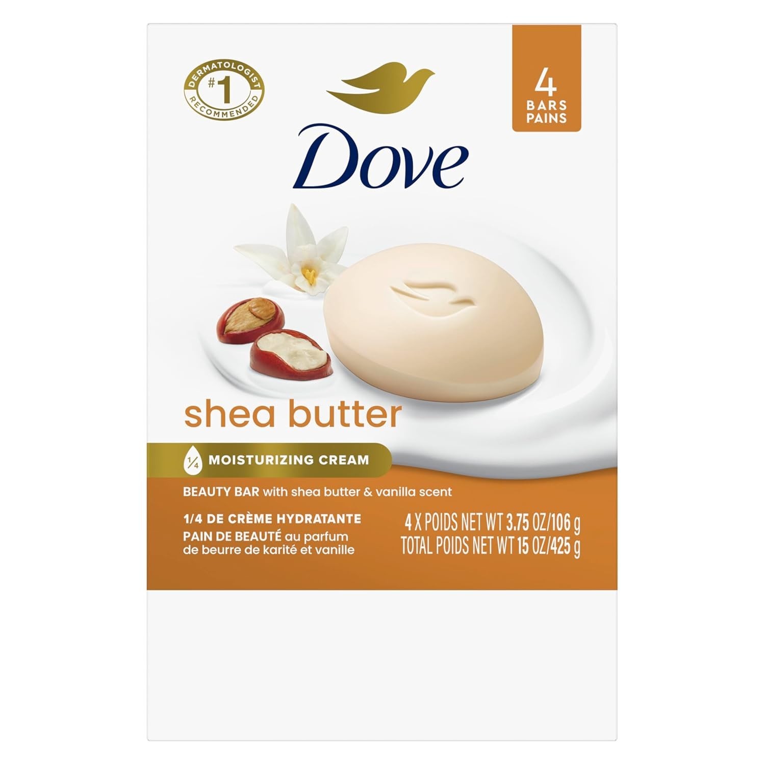 Moisturizing Dove Beauty Bar Soap – 4 Count, Gentle Cleansing with Shea Butter