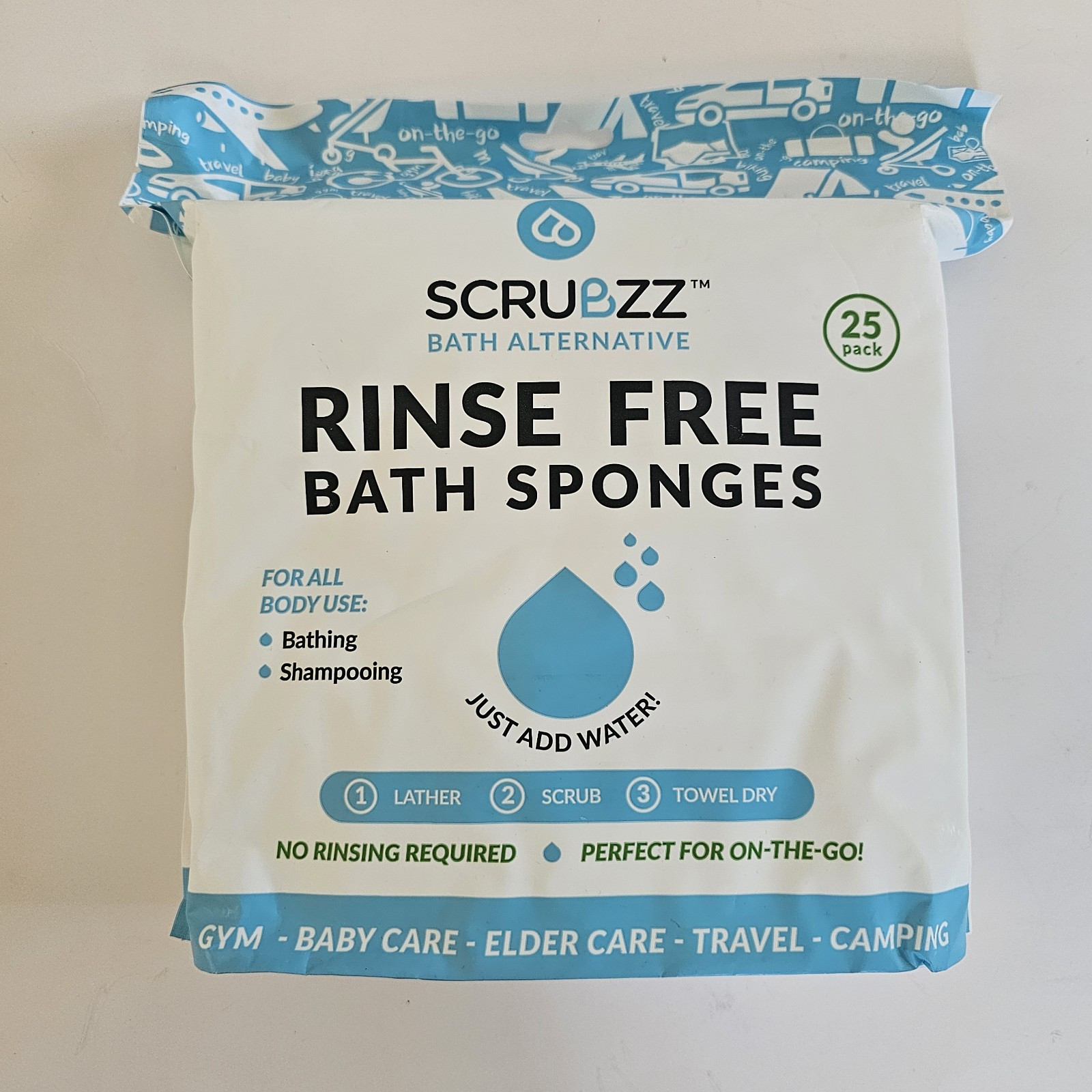 Scrubzz Disposable Rinse Free Bathing Wipes – 25 Pack All-in-1 Single Use Sponge