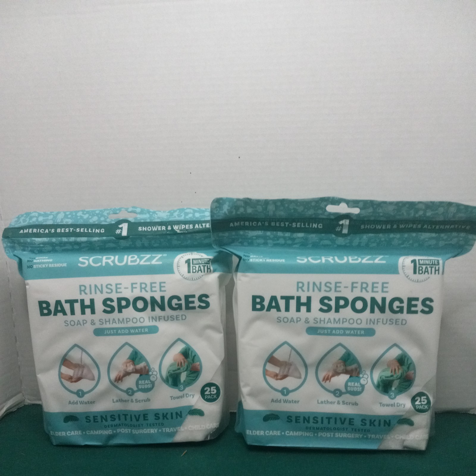 2 Scrubzz Rinse Free Bath Sponges for Senstive Skin 25ct Packs 50 total