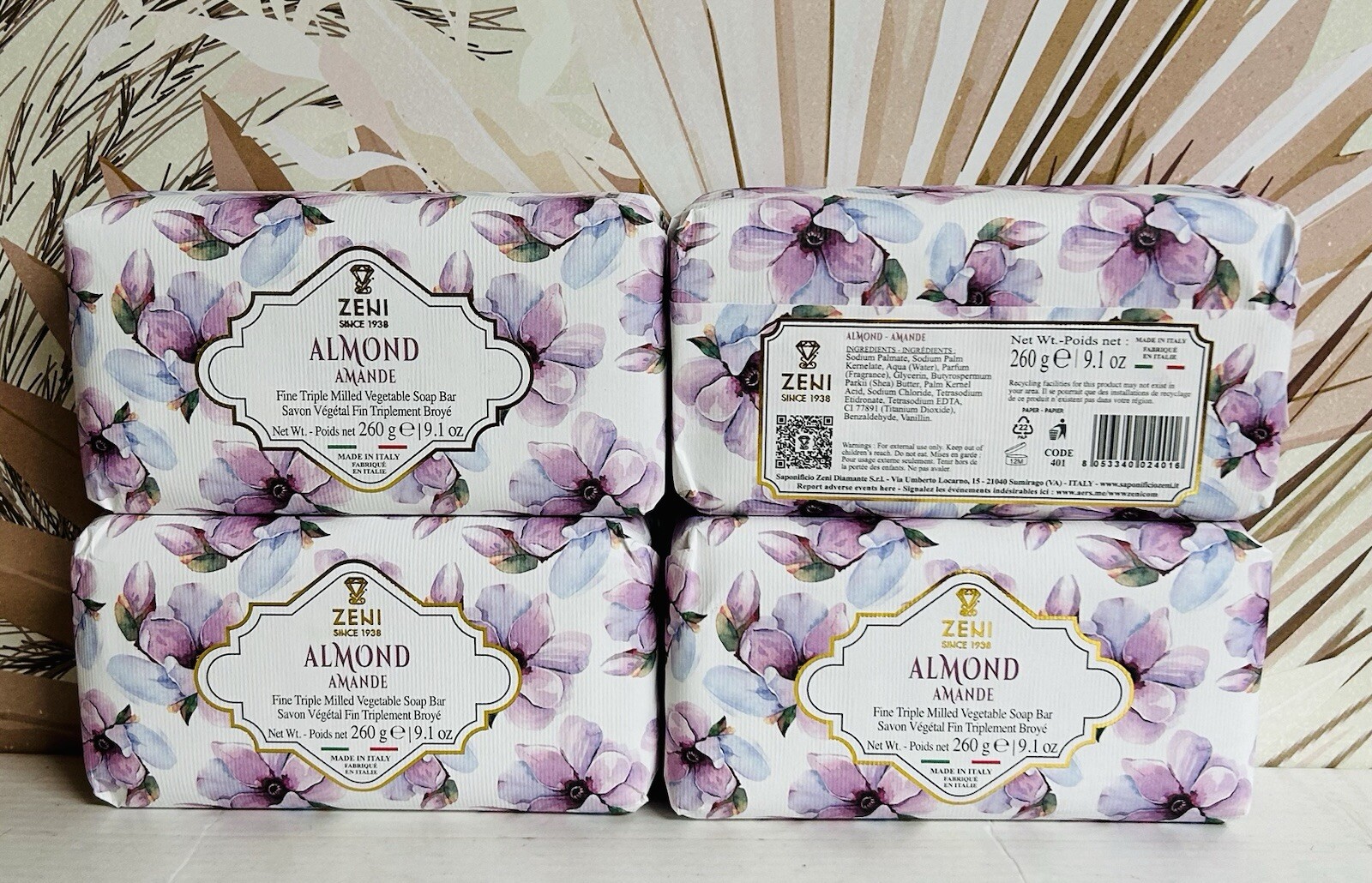 4-Pack Zeni ~ Almond Fine Triple Milled Vegetable Soap Bar 9.1 oz Each