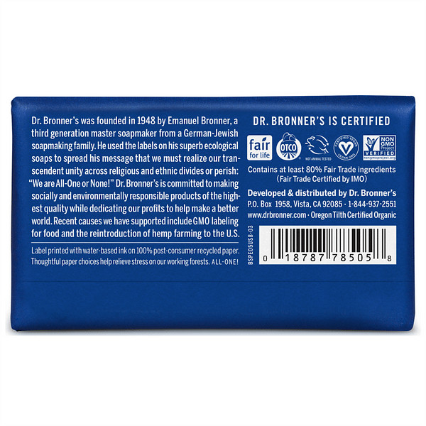 3 x Dr. Bronner’s Pure-Castile Bar Soap Hemp All-One Peppermint 140g Bronners