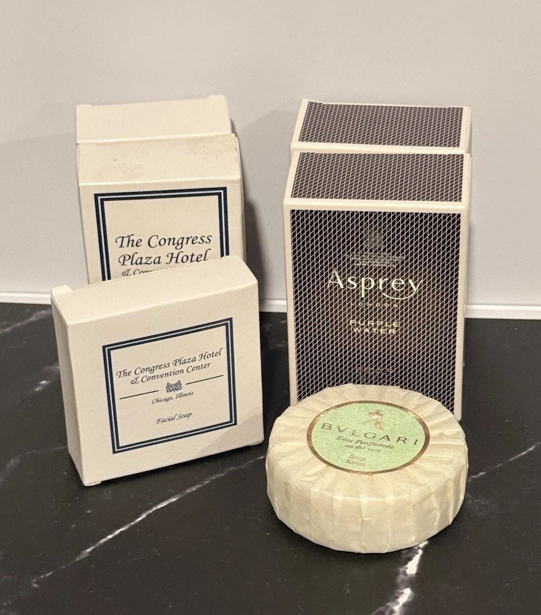 Fancy Luxury Hotel Travel Soap Lot Bvlgari Green Tea, Asprey, The Congress Plaza