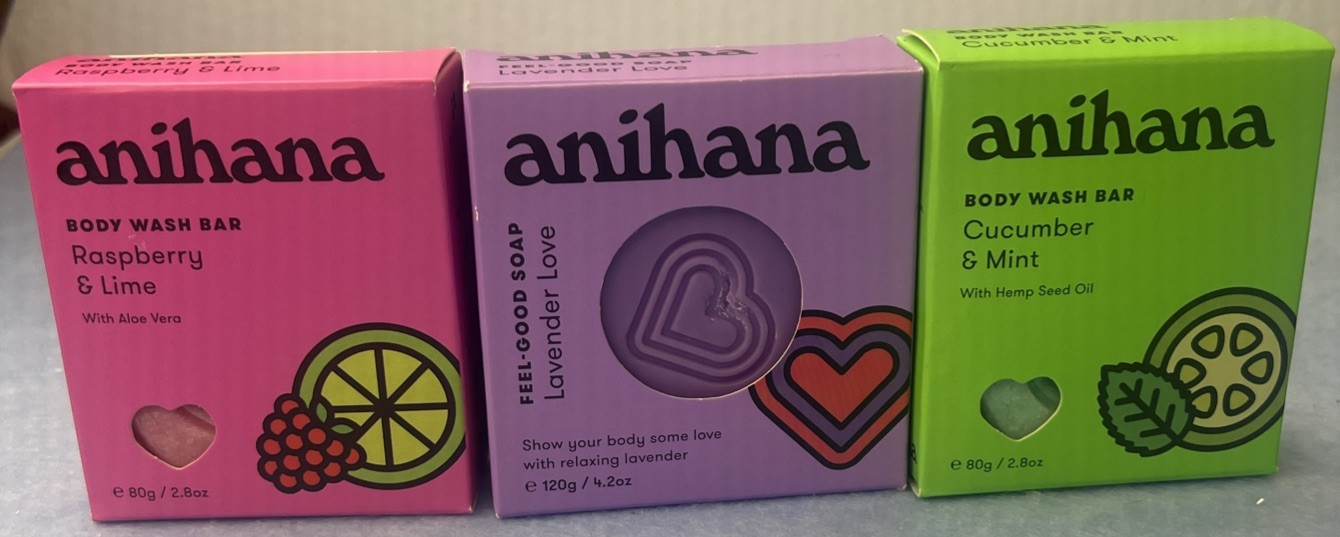 anihana Body Wash Bar Raspberry &Lime, Lavender Love, Cucumber & Mint Lot of 3
