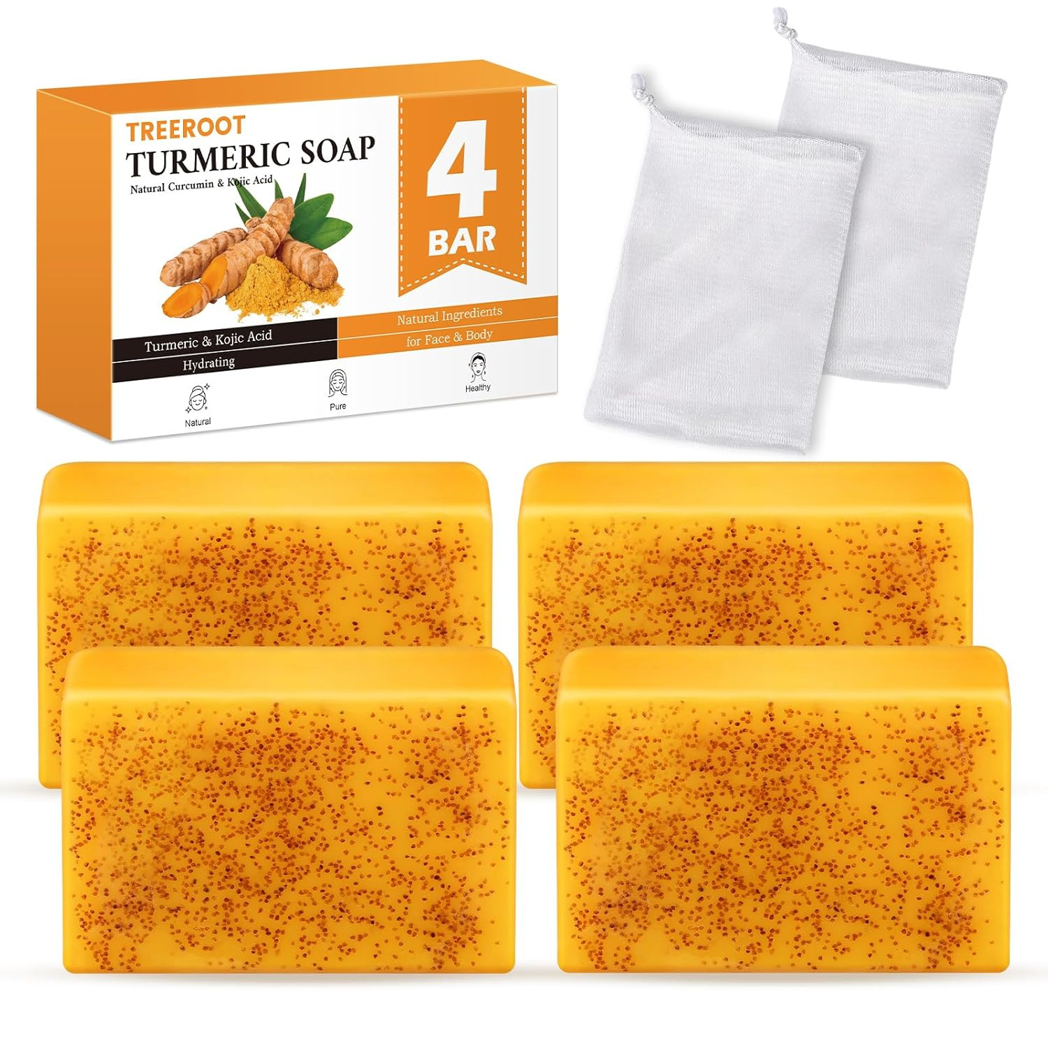 4 Pack Turmeric Soap, 100G Kojic Acid and Turmeric Soap Bar, Gently Clean the Fa