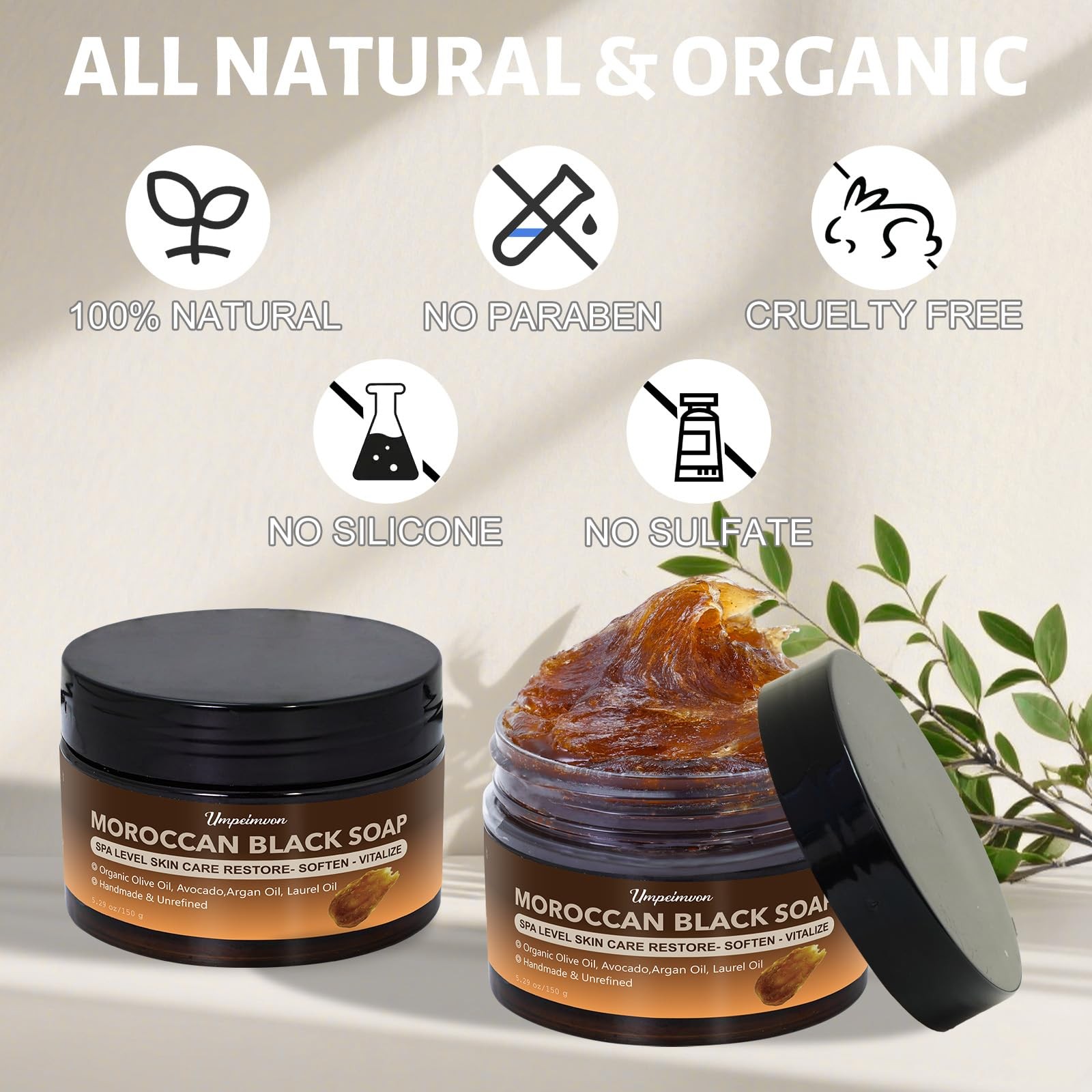 Moroccan Black Soap 2 PCS Handcrafted 5.29 oz with Argan Oil – Moisturizes Skin