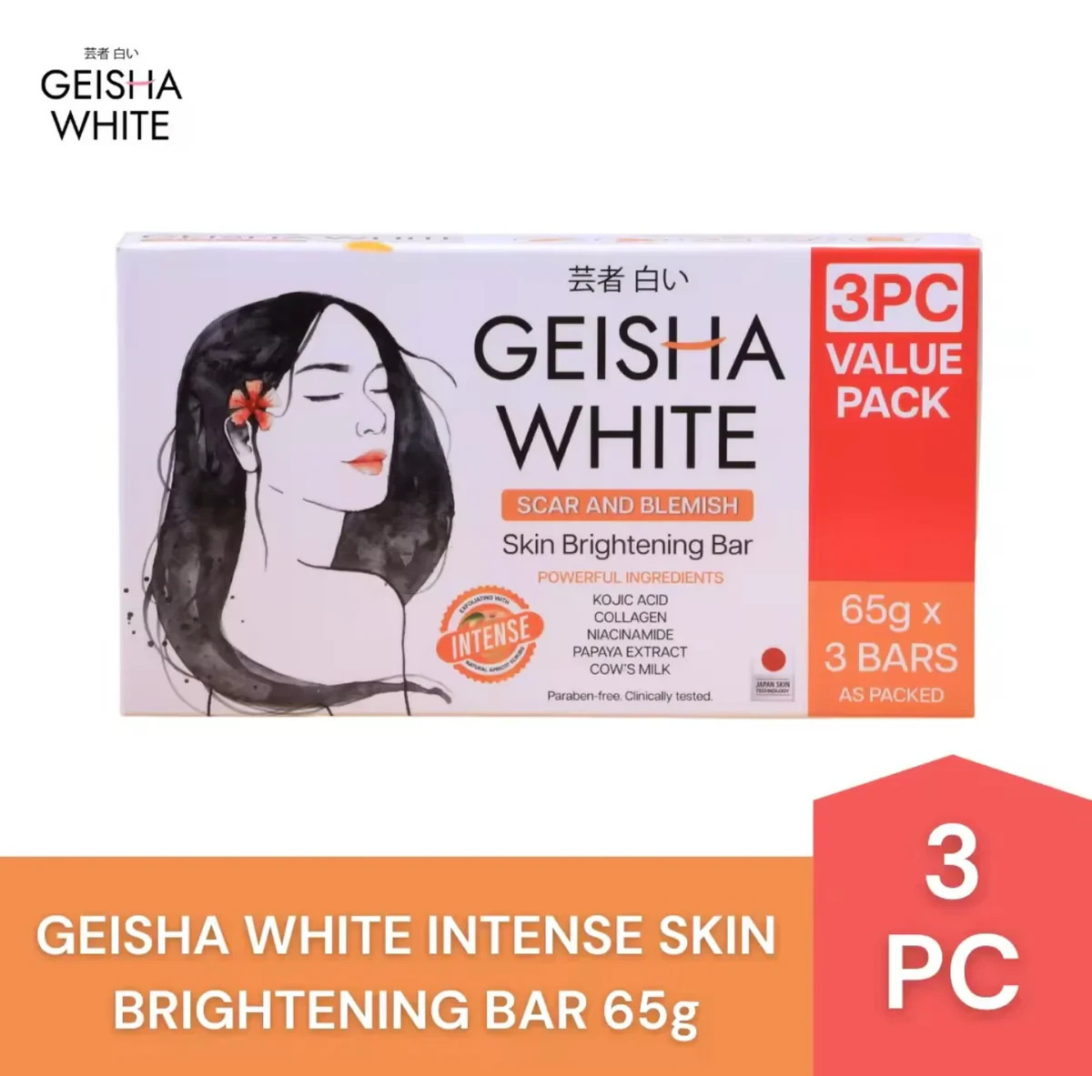 Original Geisha Scar and Blemish Skin Brightening Bar Intense 65g x 3 Bars