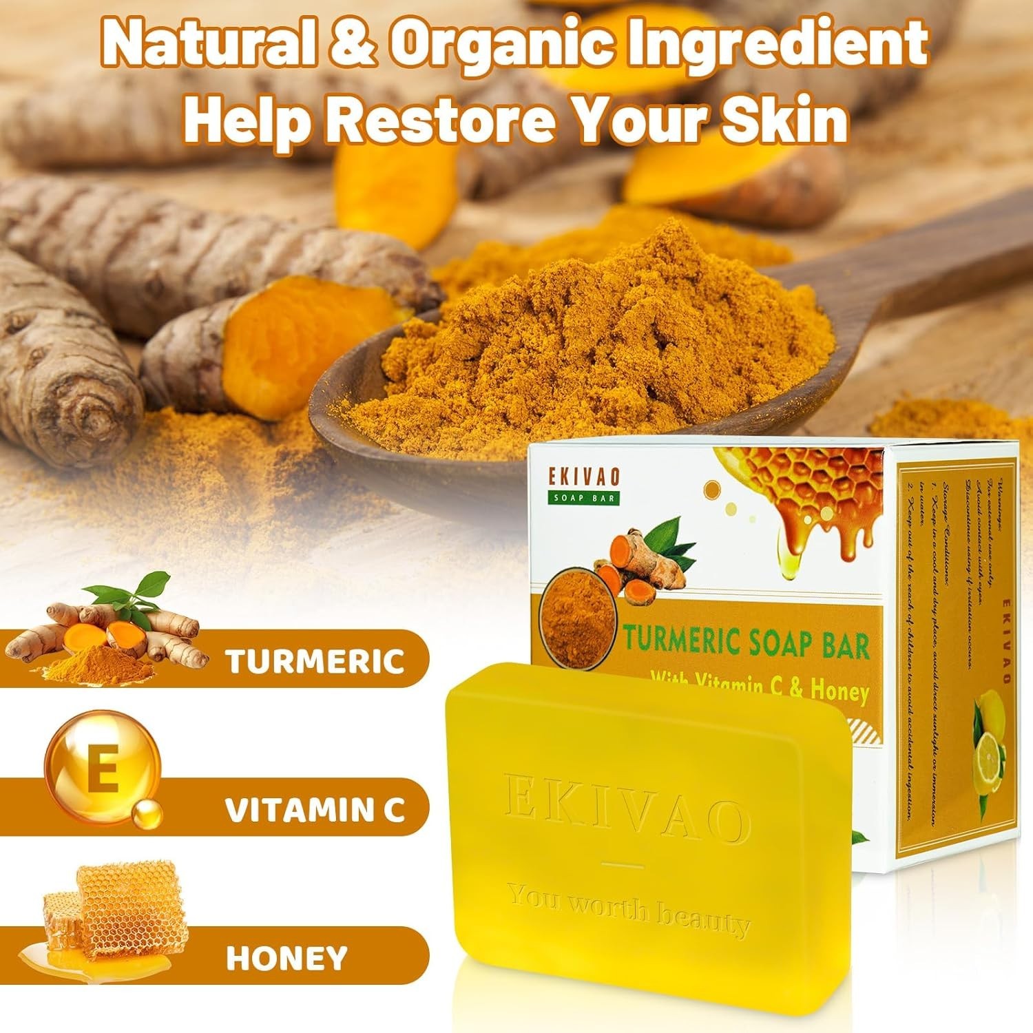 3Packs Best Turmeric Soap Bar, Organic Tumeric Soap for Face and Body, Honey Lem