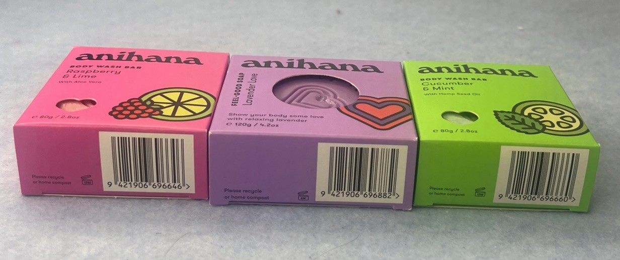 anihana Body Wash Bar Raspberry &Lime, Lavender Love, Cucumber & Mint Lot of 3