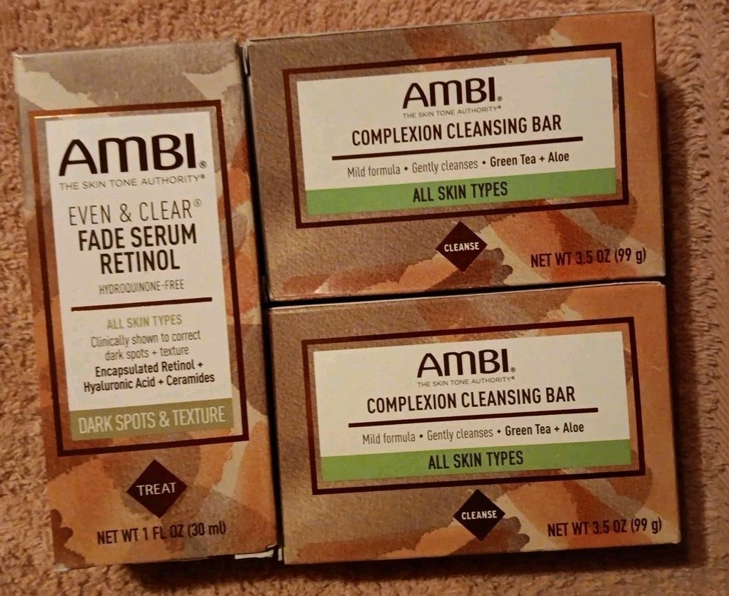 3 Pc Ambi Complexion Cleansing Bar Soap/Even Clear Fade Serum Retinol (M11)