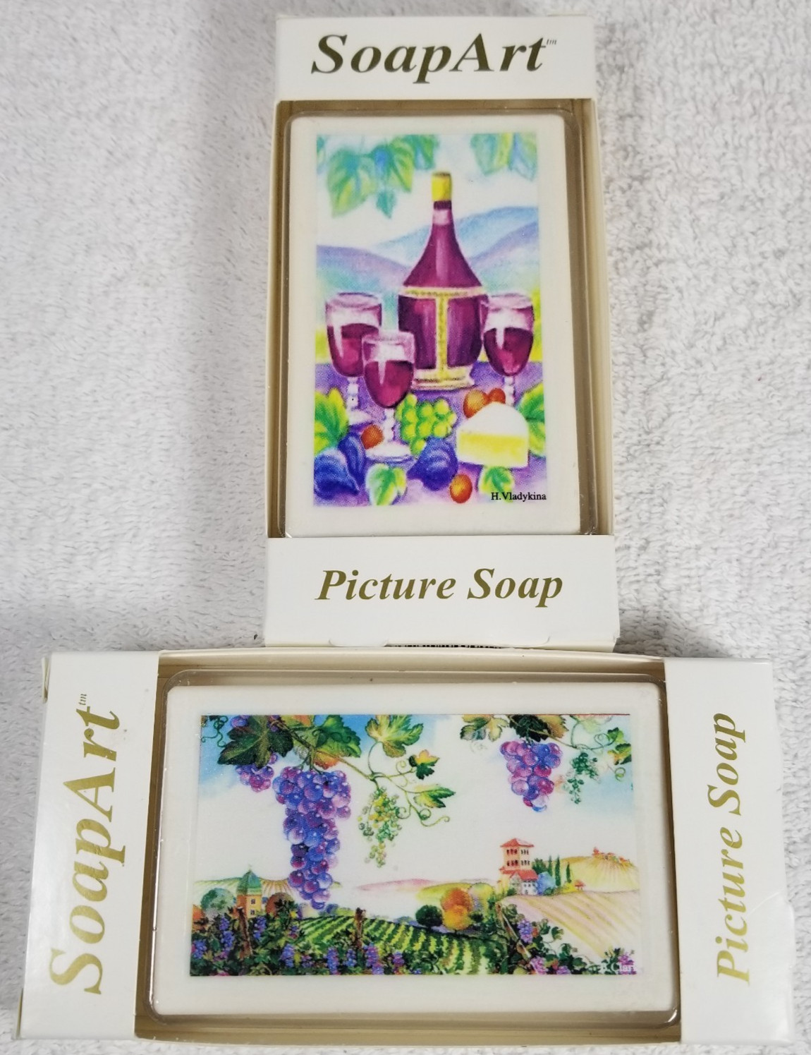 VTG Soap Art Picture Soap Pair Wine & Vineyard 3 oz Design Does Not Wash Off NOS