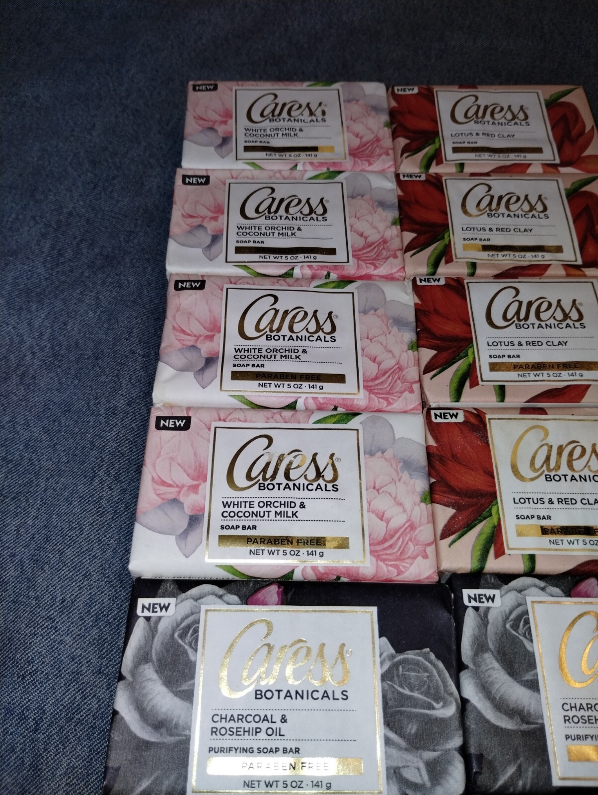 Caress Botanical Soap Bars Lotus Red Clay, Orchid Coconut Milk, Charcoal Rosehip