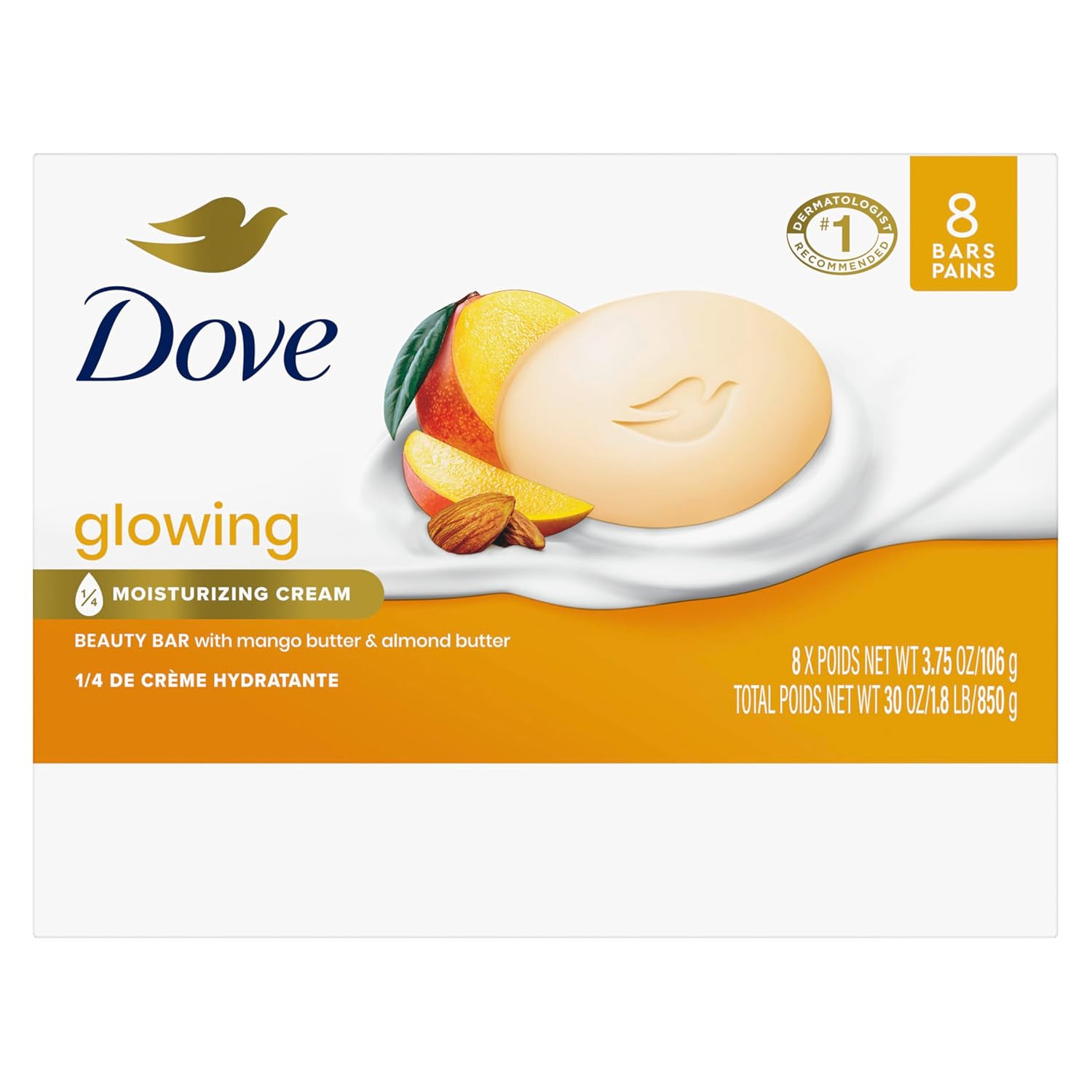 Dove Glowing Beauty Bar Soap 8 Count, Mango & Almond Butters, 3.75 Oz I Moisturi