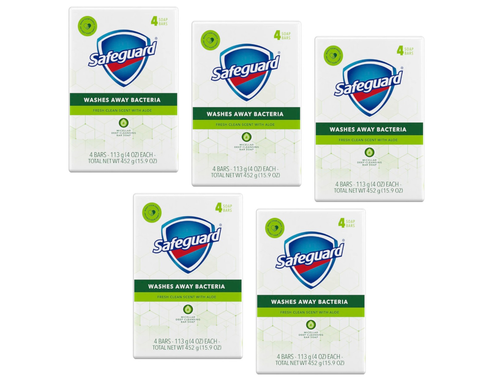 Safeguard Aloe Vera Antibacterial Deodorant Bar Soap 4Oz. 4 Count – Pack of 5