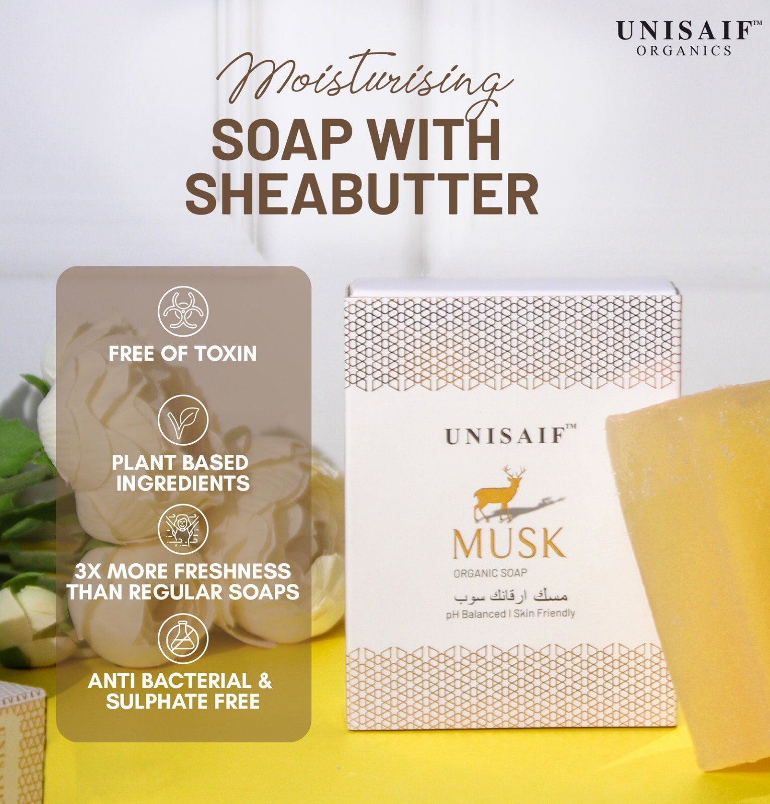 Unisaif Musk Organic Soap Bar 125g – Moisturizing, Paraben-Free, All Skin Types