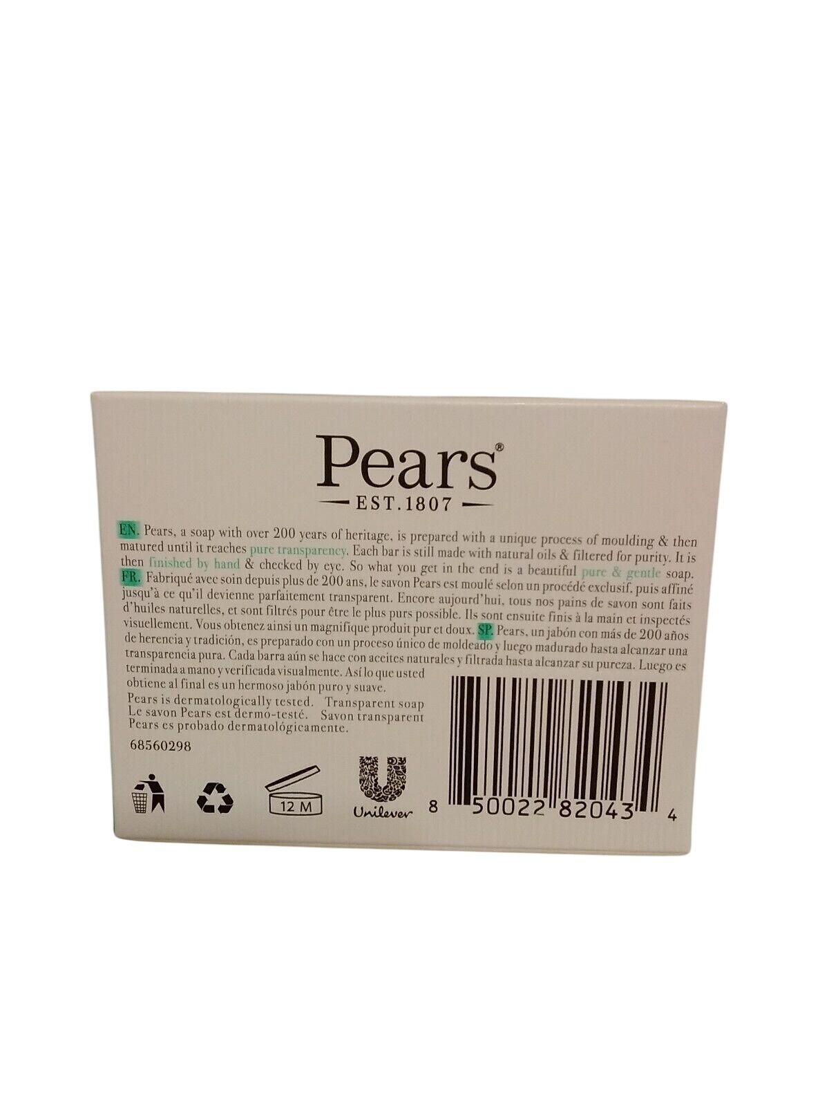 Pears Transparent Soap Bar 3.53 oz With Lemon Flower Extracts Gentle & Pure