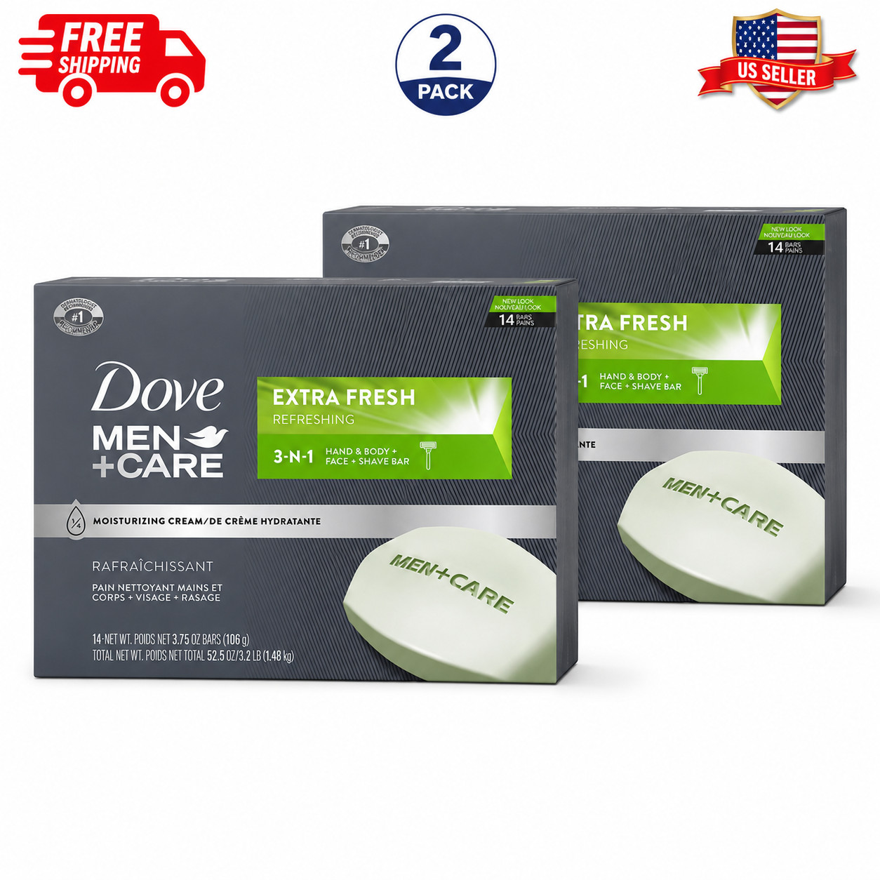 Dove Men+Care Extra Fresh Bar Soap 3-in-1 Body Face Shave 14 Bars