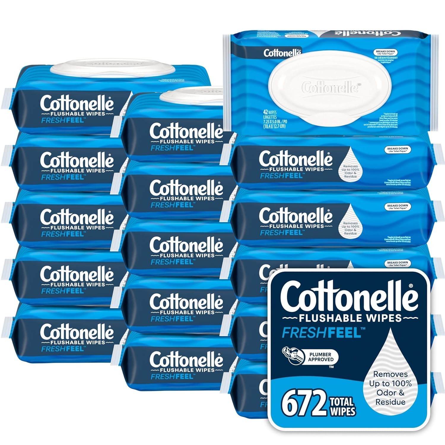 Fresh Feel Flushable Wet Wipes, 16 Flip-Top Packs, 42 Wipes (672 Total Wipes)