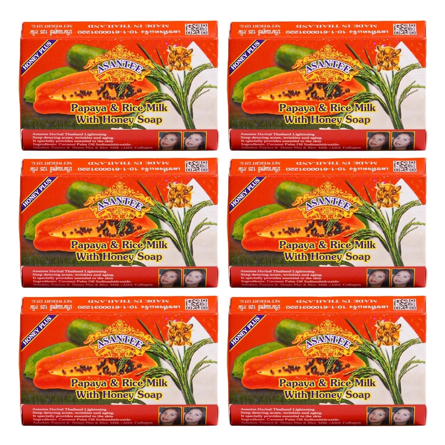 125g x 6 : Asantee Papaya & Rice Milk soap with Honey Cleansing Lightening Soap