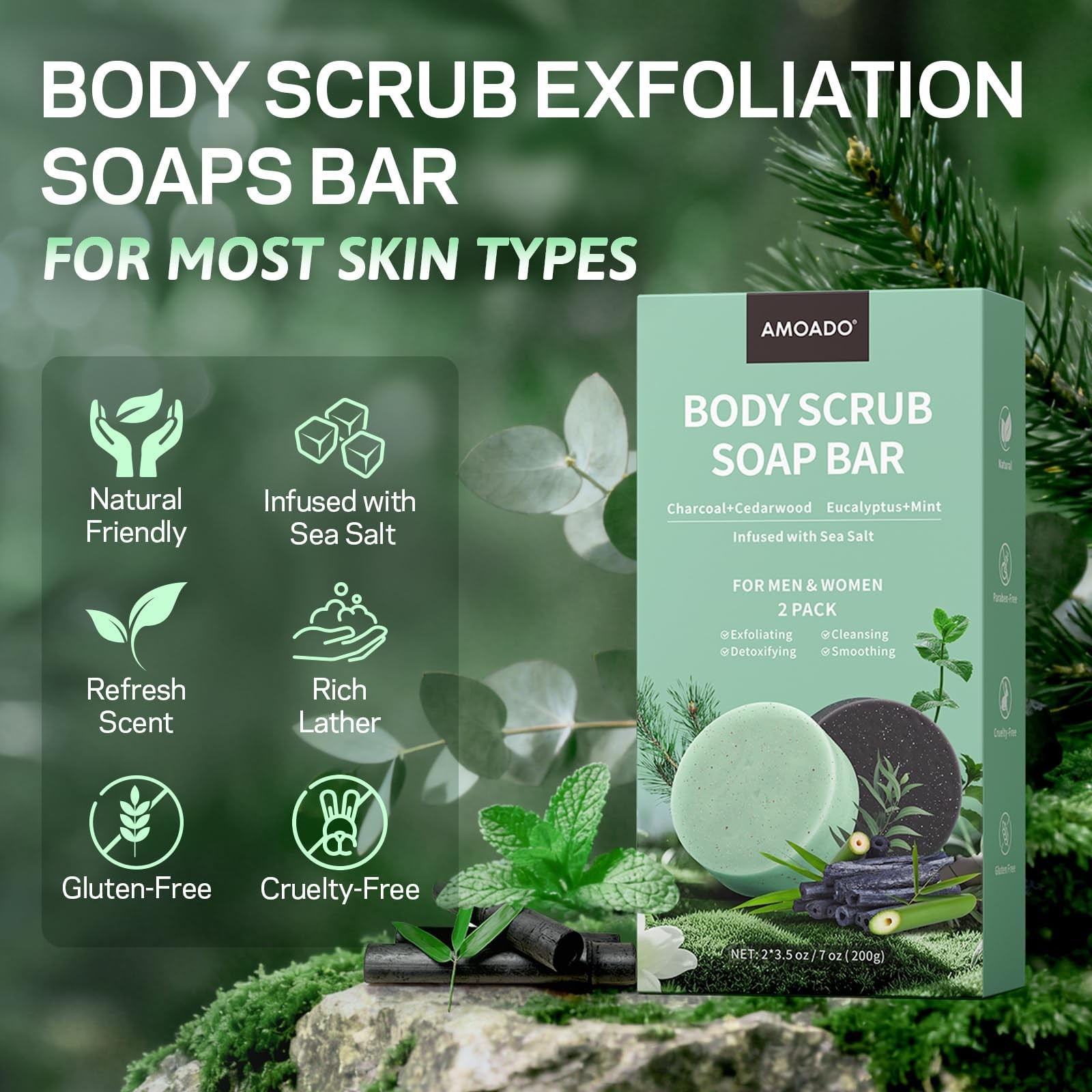 Exfoliating Body Scrub Soap Bar, 2 Pack Eucalyptus & Soaps, Dead Sea-Salt Exf…