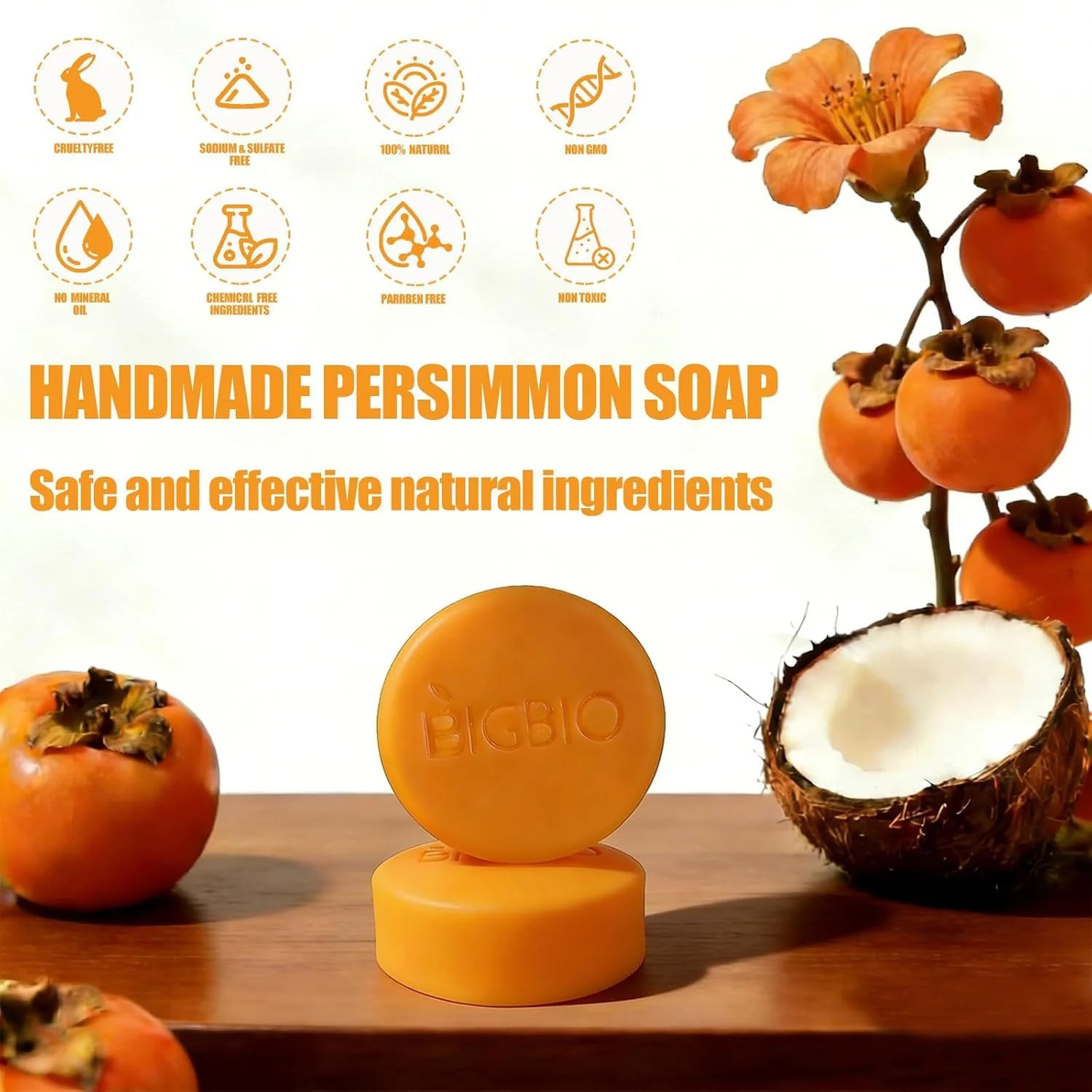 3 Pcs Persimmon Soap Bar for Body Odor Control, Natural Deodorant Body Bar Soap