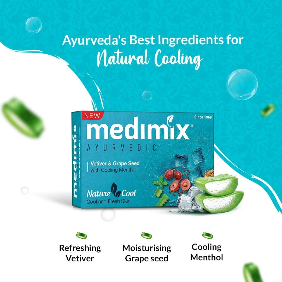 🔥Medimix Cooling Ayurvedic Soap Pack of 5 | Vetiver Menthol Grape Seed | 625g🔥