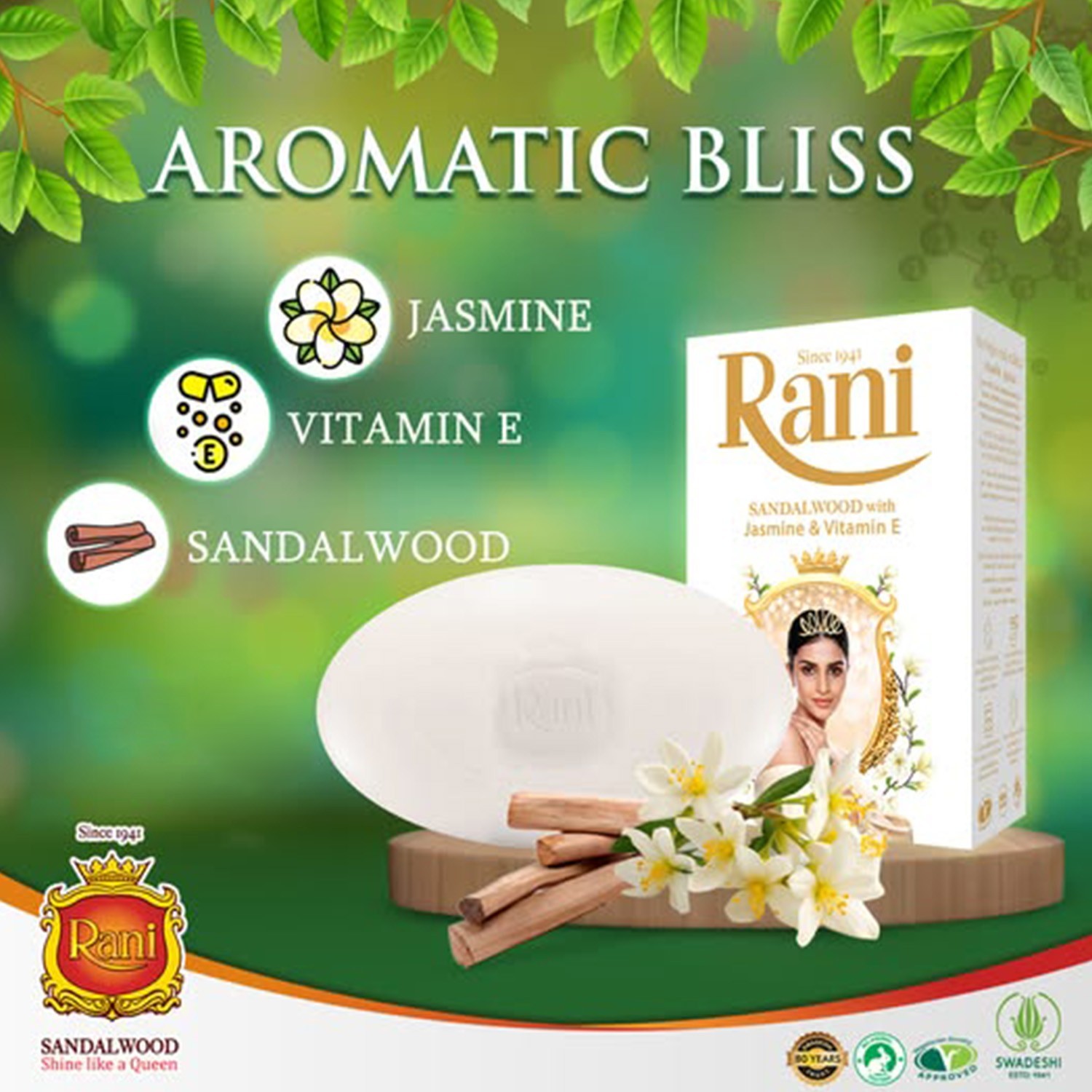 Rani Sandalwood with Jasmine & Vitamin E Bathing Bar Soap Natural Beauty 5 PCs