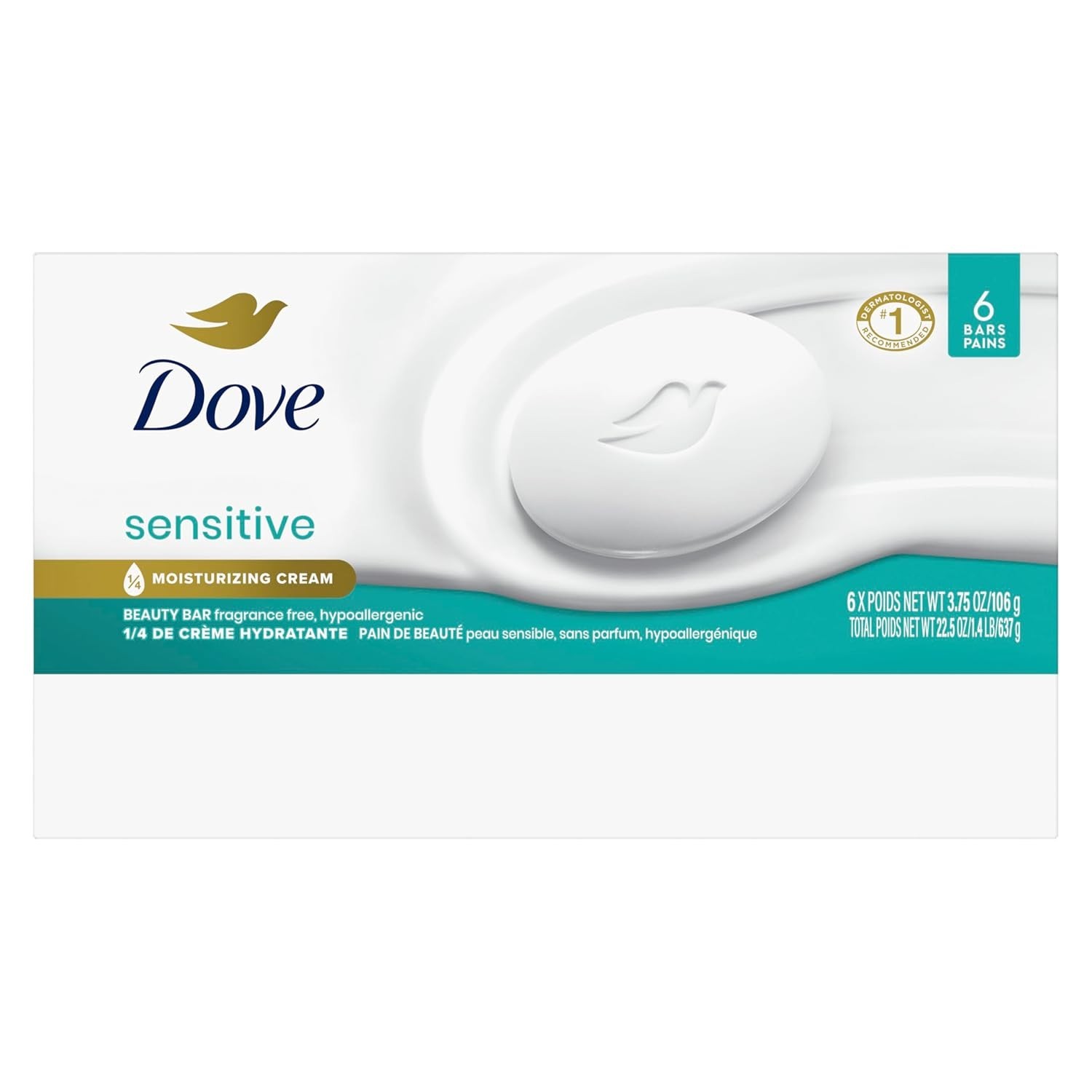 Dove Beauty Bar Soap Sensitive, 6 Bars for Sensitive Skin, Fragrance Free and Hy