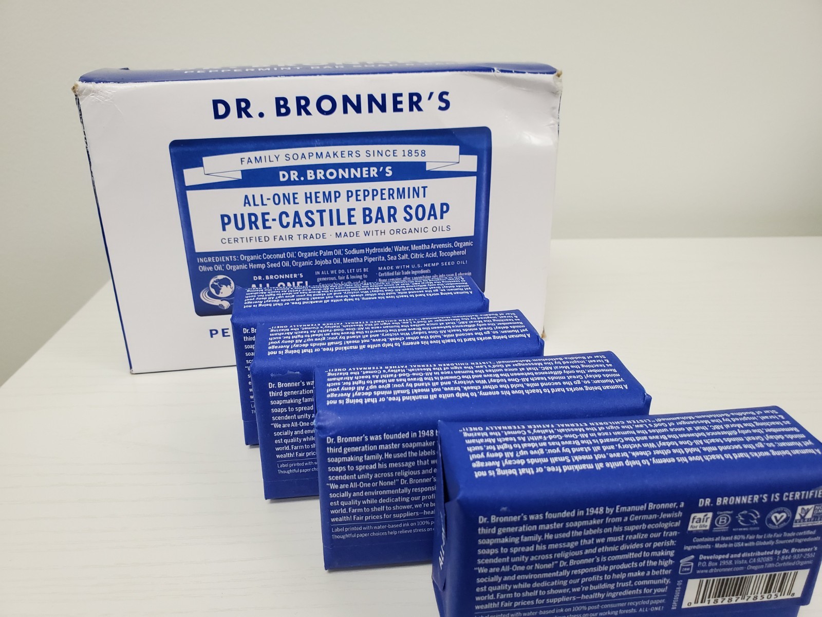 Dr. Bronner’s Pure Castile Bar Soap Peppermint Hemp 5oz Fair Trade 4 PACK