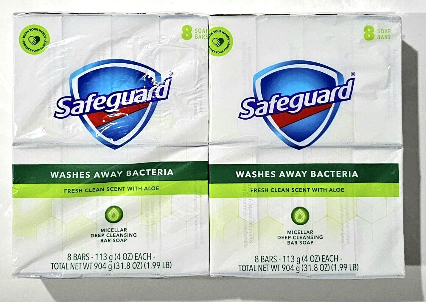 2 Pk Safeguard 8 Soap Bars Fresh Clean Scent With Aloe Micellar Deep Cleansing