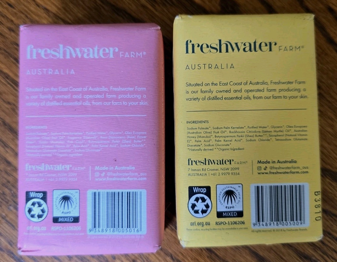 2-Pack Freshwater Farm Australia Shea Soap Bar Lemon Myrtle Oil Rosewater NEW
