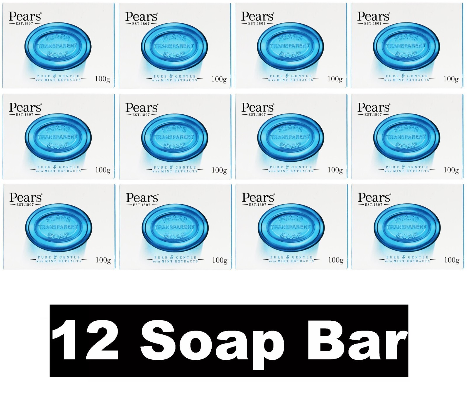 12 x PEARS 100g TRANSPARENT SOAP BAR PURE & GENTLE WITH MINT EXTRACTS BRAND NEW