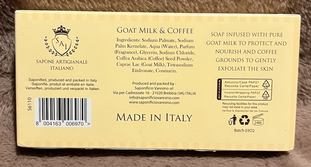 Sapone Artisanal Italiano Goat Milk & Coffee Scrub Soap 3 Bar Set Made In Italy