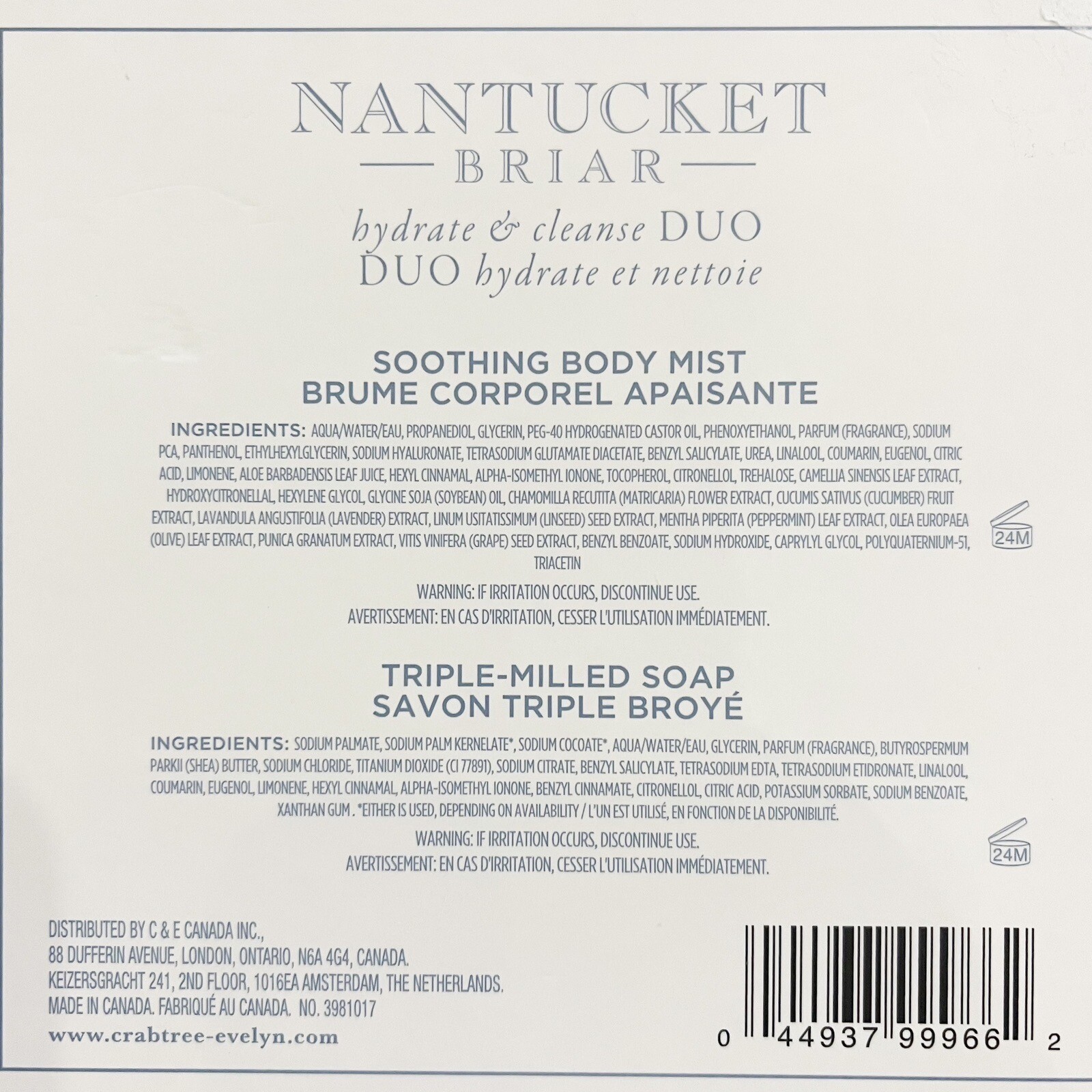 Crabtree & Evelyn Nantucket Briar Body Mist 10mL and Soap 3.5oz Boxed Set NEW