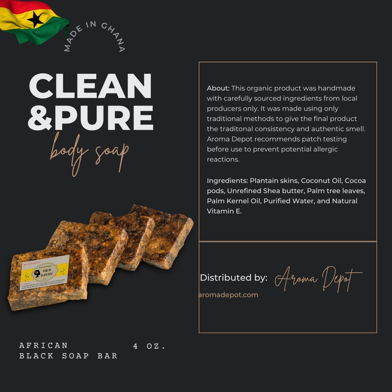 Organic African Black Soap Bar 4 oz. Handmade Natural Skin Body Hair Face Wash