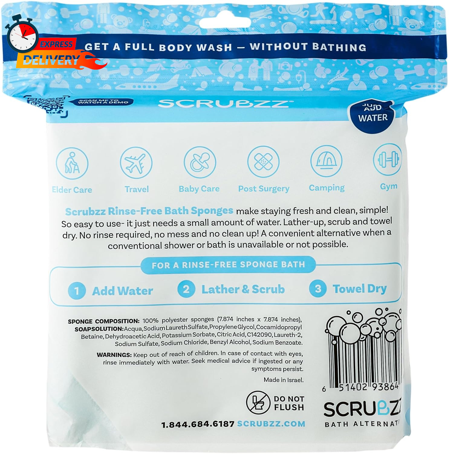 Scrubzz Disposable Rinse Free Bathing Wipes – 25 Pack – All-In-1 Single Use Show