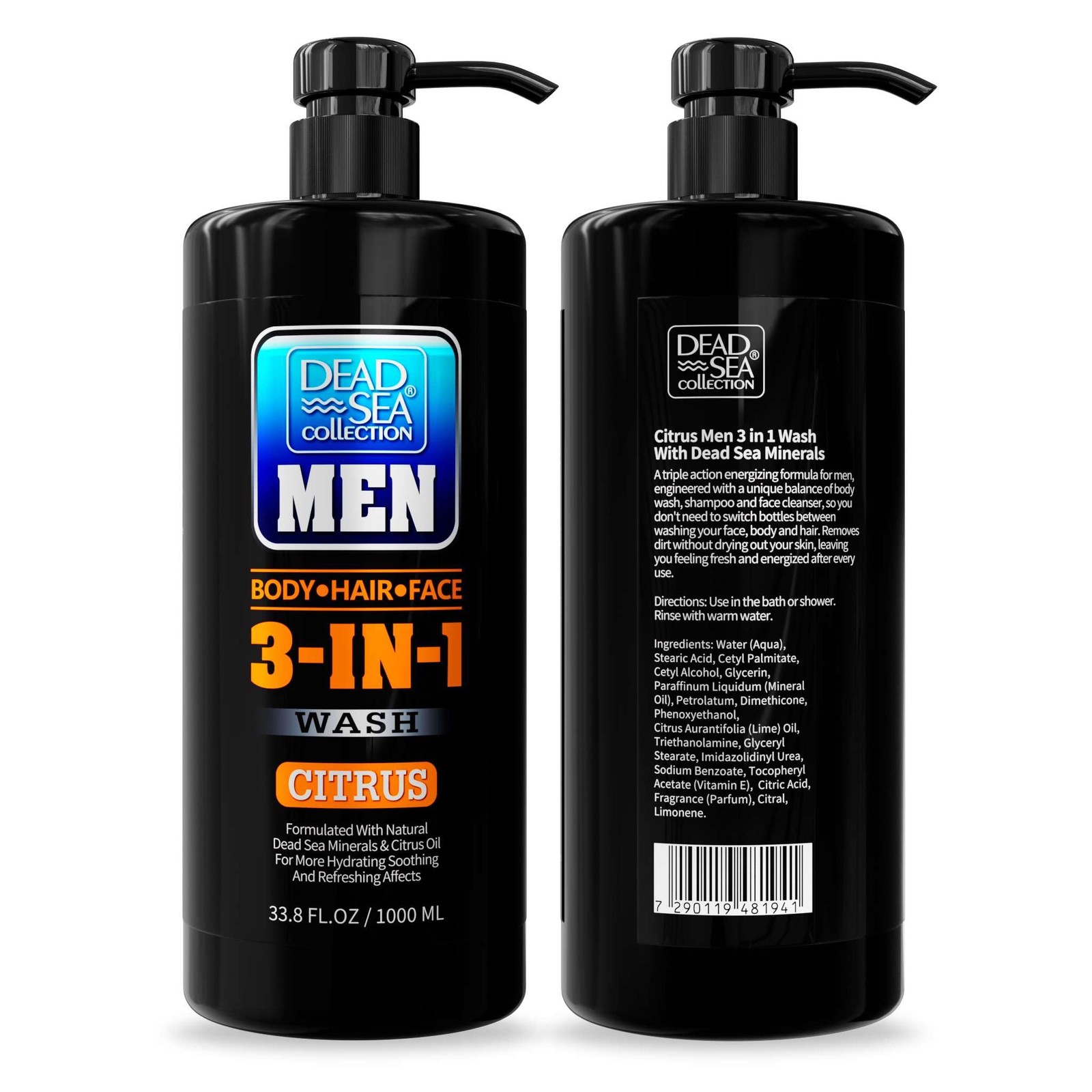 Dead Sea Collection Mens Body Wash 3 in 1 – 33.8 Fl Oz (Pack of 2), Citrus