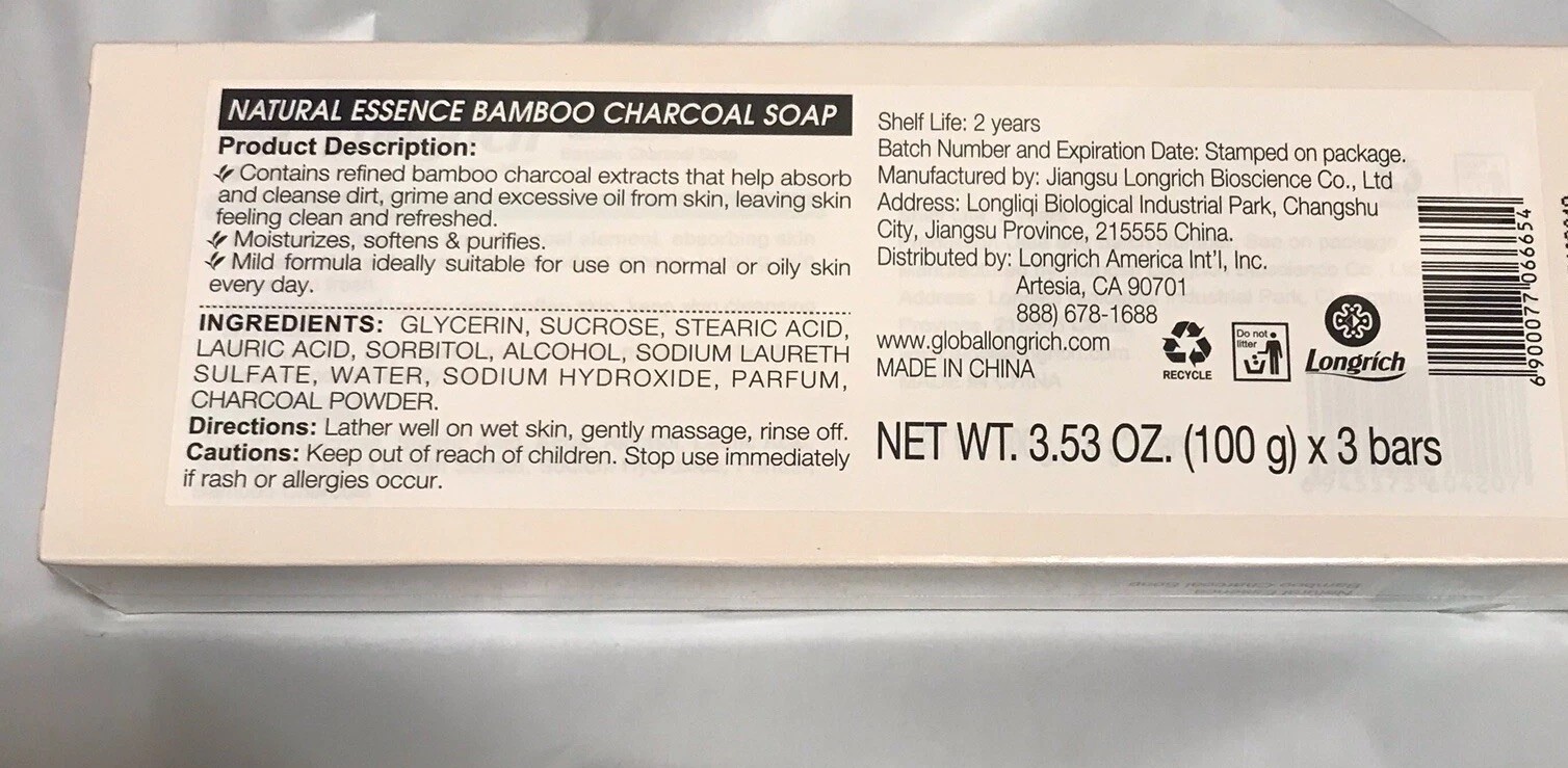 Longrich Natural Essence Bamboo Charcoal Brightening Black Soap,Acne Cure 100gx3