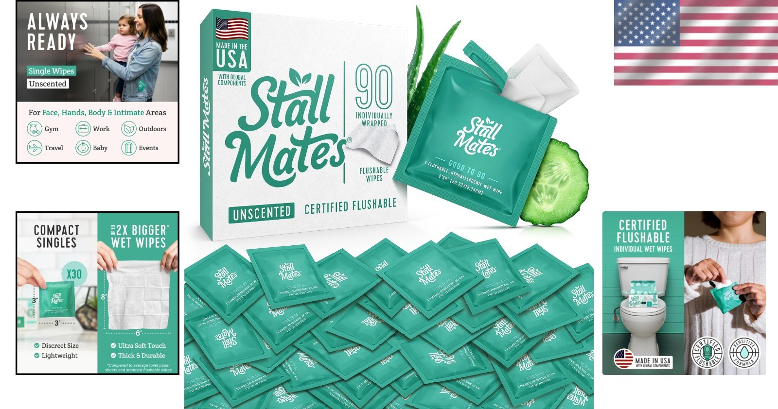 Bulk Pack Flushable Wipes, Individually Wrapped 90 Singles