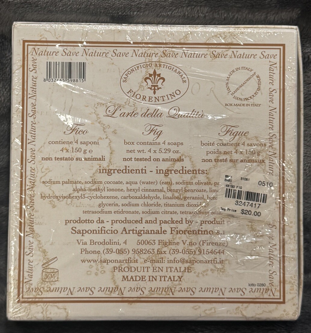 Saponificio Artigianale Fiorentino Fig Scented Soap 4 x 5.29 oz Bars In Gift Box
