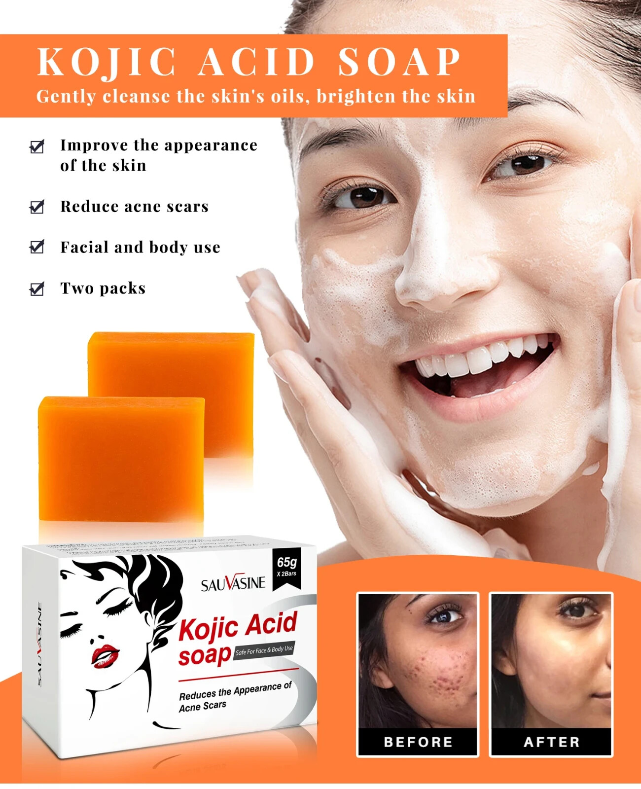 Original Kojie San Skin Lightening Kojic Acid Soap 65g x 2 Bars